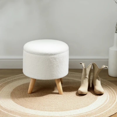 HOMCOM Round Linen Storage Ottoman Stool with Wood Legs, White
