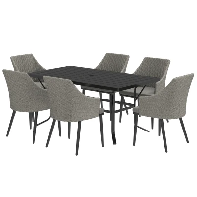 Outsunny 7 Piece Wicker Patio Furniture Set with Cushions, Umbrella Hole, Slatted Table Top, for Backyard, Porch, Garden, Balcony