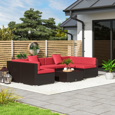 Outsunny 7 Pieces Garden Wicker Sectional Set, Patio Wicker Sectional Conversation Sofa Set, Wine Red