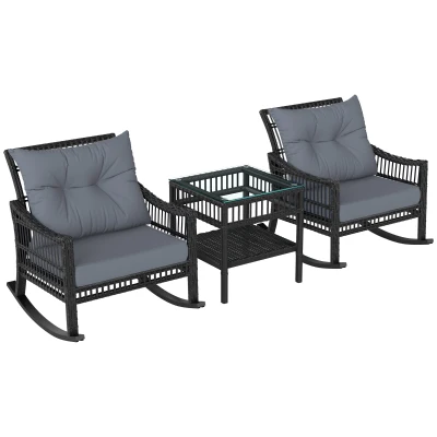 Outsunny 3 Pieces Outdoor PE Rattan Rocker Chair Set, Rocking Chair with Tempered Glass Table Top,25"x26"x28", Grey