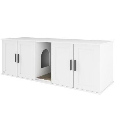 PawHut Cat Litter Box Enclosure with Double Room, Scratching Board for 2 Cats, 57" x 19" x 20", White