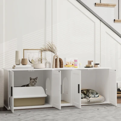 PawHut Cat Litter Box Enclosure with Scratching Mat, White, 57"