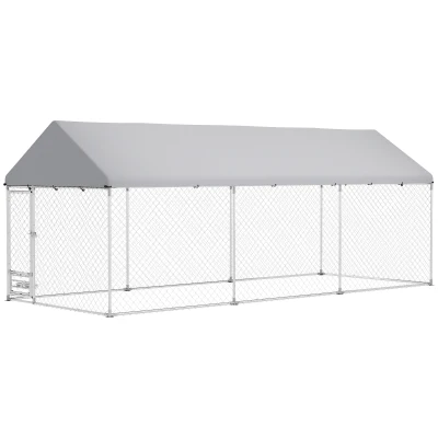 PawHut Outdoor Dog Run with Adjustable & Rotatable Bowls, Waterproof UV-Resistant Cover, Escape-Proof Lock, 19.7' x 7.5' x 7.5'