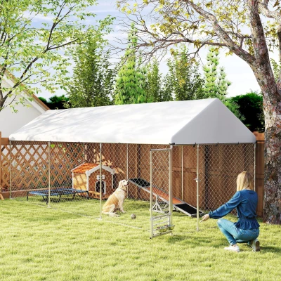 PawHut Outdoor Dog Kennel w/ Bowl Rack & UV Cover, 19.7' x 7.5'