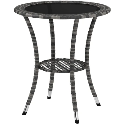 Outsunny Outdoor Rattan Dining Table, Patio Wicker Round Coffee Table with 2-Tier Storage Shelf, Mixed Grey