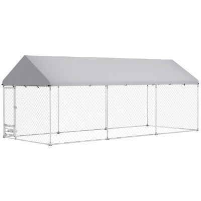 PawHut Outdoor Dog Kennel w/ Bowl Rack & UV Cover, 19.7' x 7.5'