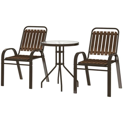 Outsunny 3 Pieces Patio Bistro Set, 2 Stackable Chairs with Tempered Glass Table, for Outdoor, Garden Backyard Porch, Dark Brown