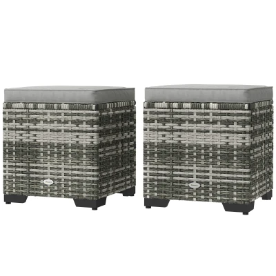 Outsunny Set of 2 Wicker Ottoman, Outdoor Footstool with Storage & Removable Cushions for Poolside, Patio, Deck, Grey