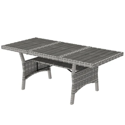 Outsunny 75" Outdoor Dining Table for 6-8, Wicker Patio Table with Storage Shelf and WPC Slatted Top for Balcony, Grey