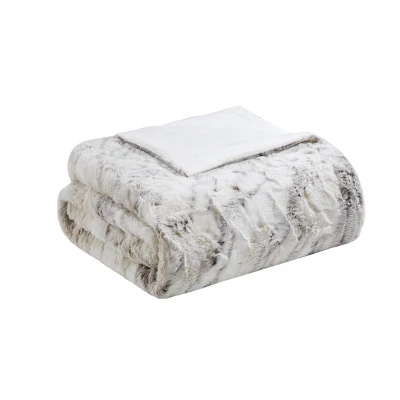 Machine Washable Oversized Faux Fur Throw Blanket with Marble Print, Natural