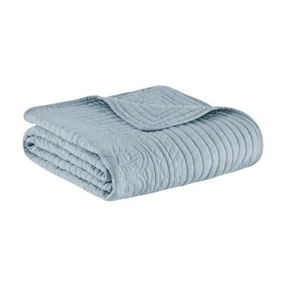 Antimicrobial Oversized Quilted Throw with Scalloped Edges, Blue