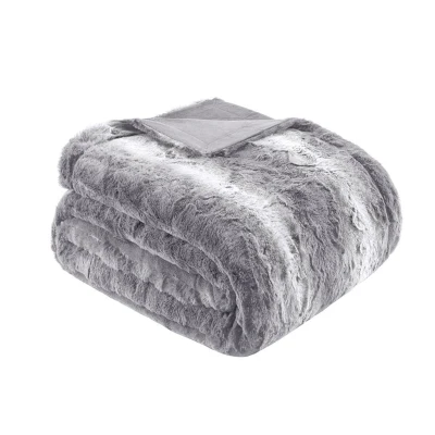 Luxurious Oversized Faux Fur Throw Blanket with Faux Mink Reverse, Grey