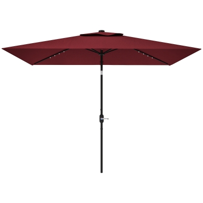 Outsunny 6' x 10' Patio Umbrella with 22 LED Solar Lights and Tilt, Rectangular Outdoor Table Umbrella with Crank, Wine Red