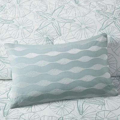 100% Cotton Oblong Decorative Pillow with Wavy Embroidery, Blue