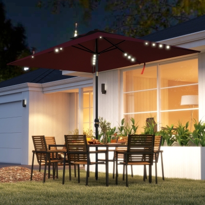 Outsunny 6' x 10' Patio Umbrella with 22 LED Solar Lights and Tilt, Rectangular Outdoor Table Umbrella with Crank, Wine Red