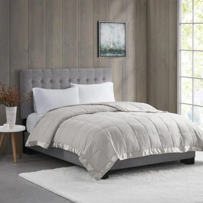 King Size Lightweight Down Alternative Blanket with Satin Trim, Grey