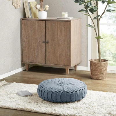 Stylish Poly Chenille Round Floor Pillow Cushion with Textured Fabric, Aqua
