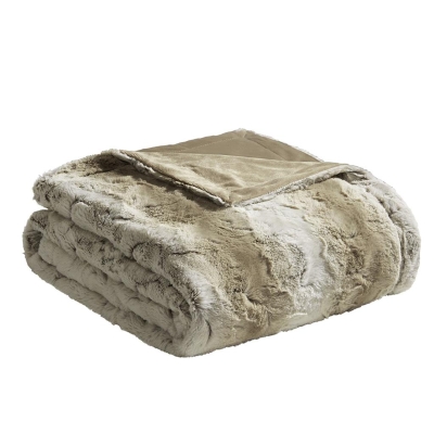 Luxuriously Soft Oversized Faux Fur Throw Blanket with Faux Mink Reverse, Sand