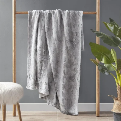 Luxurious Oversized Faux Fur Throw Blanket with Faux Mink Reverse, Grey