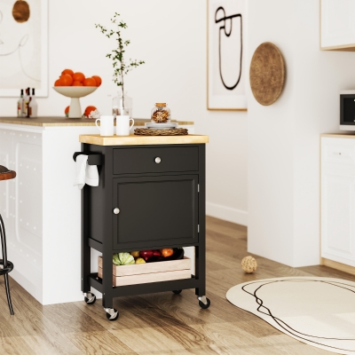 HOMCOM Kitchen Island on Wheels, Rolling Kitchen Cart with Wood Top, Towel Rack, Drawer and Shelf for Dining Area, Black