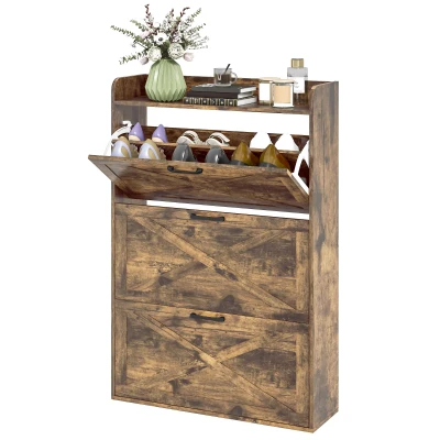 HOMCOM Narrow Shoe Storage Cabinet Farmhouse Shoe Cabinet with 3 Flip Drawers Adjustable Shelves for Entryway Rustic Brown