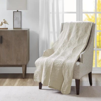 Oversized Quilted Throw with Scalloped Edges, Cream