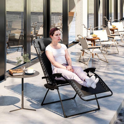 Outsunny Wicker Folding Lounge Chair with Adjustable Backrest, Rattan Recliner Chair with Headrest & Side Table Tray, Black