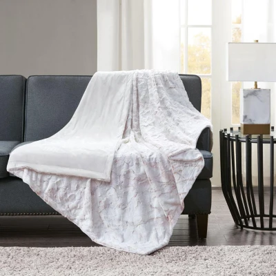 Luxuriously Soft Oversized Faux Fur Throw Blanket with Marble Print, 70" L x 60" W x 0.25" H, Blush