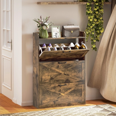 HOMCOM Narrow Shoe Storage Cabinet Farmhouse Shoe Cabinet with 3 Flip Drawers Adjustable Shelves for Entryway Rustic Brown