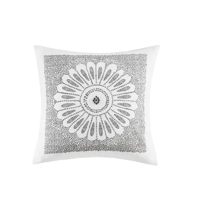 Cotton Embroidered Decorative Square Pillow with Metallic Medallion Design, Grey