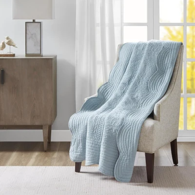 Antimicrobial Oversized Quilted Throw with Scalloped Edges, Blue