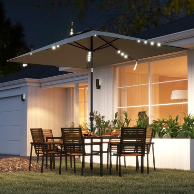 Outsunny Patio Umbrella with 22 LED Solar Lights and Tilt, Light Grey