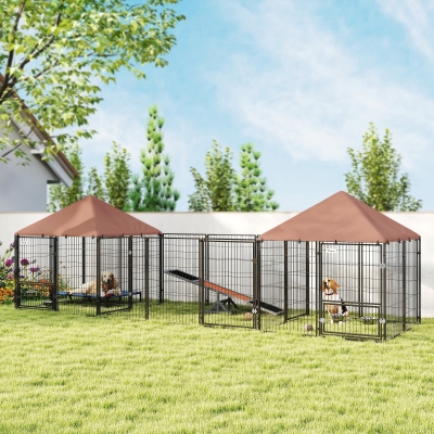 PawHut Outdoor Dog Kennel with 2 Rooms, Rotating & Adjustable Height Bowls, Waterproof UV-Resistant Cover, 16.2' x 4.7' x 5.1'