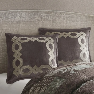 Geometric Velvet European Pillow Sham with Metallic Embroidery, Brown