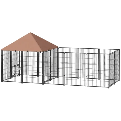 PawHut Outdoor Dog Kennel with Rotating and Adjustable Height Bowls, Waterproof UV-Resistant Cover, 11.3' x 4.7' x 5.1'
