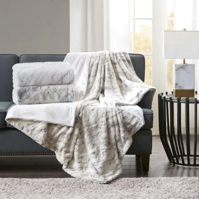 Machine Washable Oversized Faux Fur Throw with Marble Print, Grey