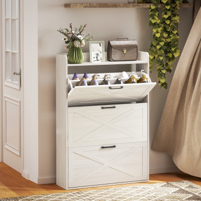 HOMCOM Narrow Shoe Storage Cabinet Farmhouse Shoe Cabinet with 3 Flip Drawers Adjustable Shelves for Entryway White Oak