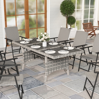 Outsunny 75" Outdoor Dining Table for 6-8, Wicker Patio Table with Storage Shelf and WPC Slatted Top for Balcony, Grey