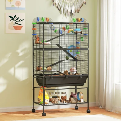 PawHut 5-Tier Rolling Hamster Cage with Wheel, Hut & Tube System