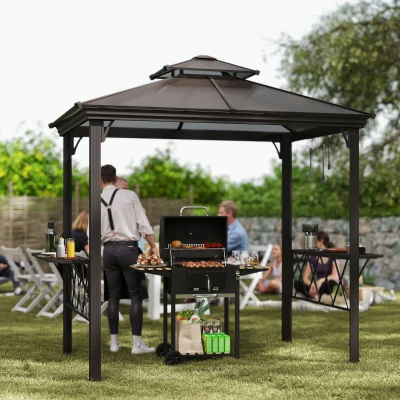 Outsunny BBQ Pergola Canopy with Hooks & Venting Roof, Coffee