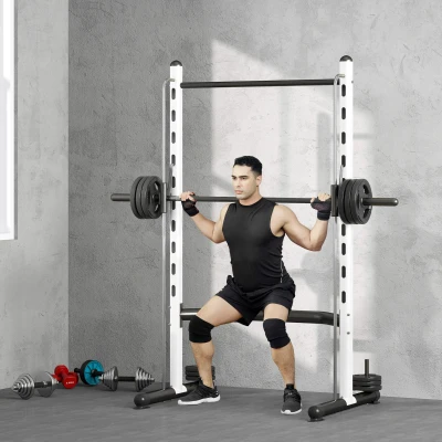 Soozier Squat Rack with Pull-Up Bar & Adjustable Bench, White