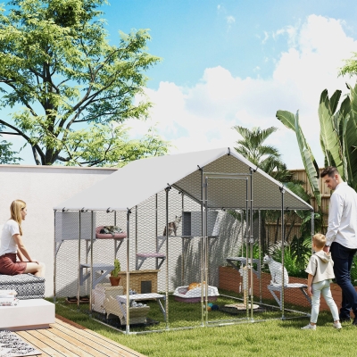 PawHut 94.5" Extra Large Metal Outdoor Catio with Waterproof Cover, 2 Resting Boxes, 7 Platforms, for Multiple Rabbits, Chicken