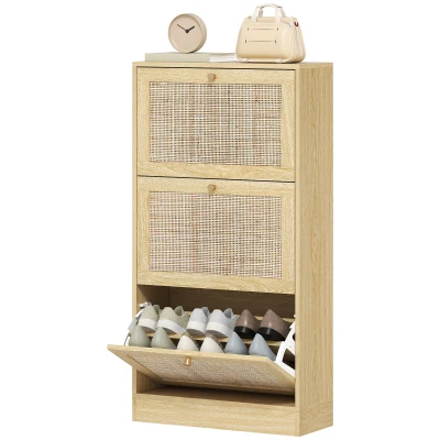 HOMCOM Rattan Shoe Storage Cabinet with 3 Flip Drawers and Adjustable Shelves, Entryway Shoe Cabinet for 18 Pairs, Oak