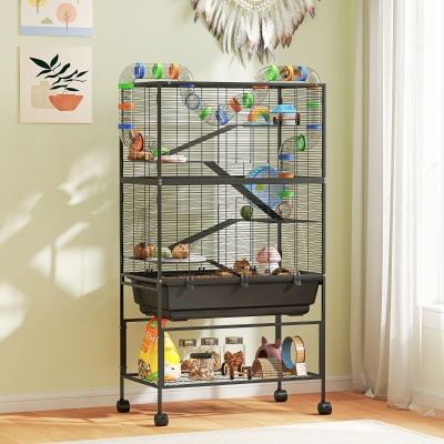 PawHut 5 Tier Rolling Hamster Cage with 7" Deep Tray, Storage Shelf, Big Exercise Wheel, Tube System, for Syrian, Gerbil, Rat