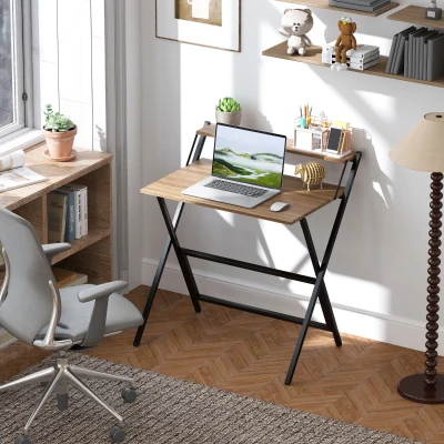 HOMCOM 32" Folding Computer Desk with Monitor Shelf, Walnut