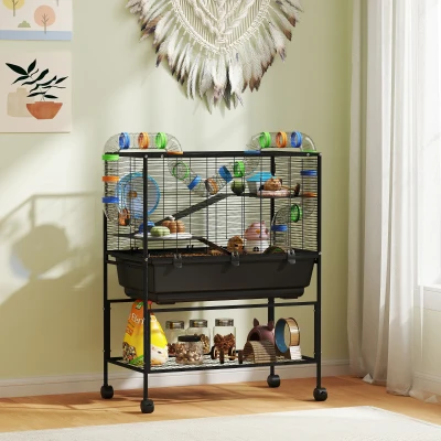 PawHut 3-Tier Rolling Hamster Cage with Wheel, Hut & Tube System