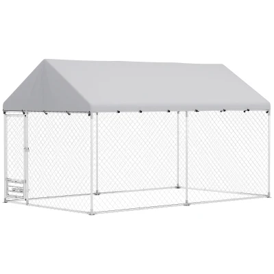 PawHut Outdoor Dog Run with Adjustable & Rotatable Bowls, Waterproof UV-Resistant Cover, Escape-Proof Lock, 13.1' x 7.5' x 7.5'
