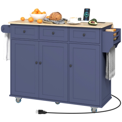 HOMCOM Rolling Kitchen Cart with Drop Leaf & Charging Station, Blue
