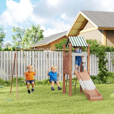 Qaba Kids Swing Set with Slide, 2 Swings & Fort Canopy, Brown
