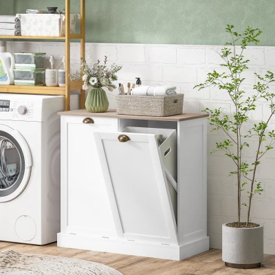 HOMCOM Dual Tilt-Out Laundry Hamper Cabinet with Baskets, White